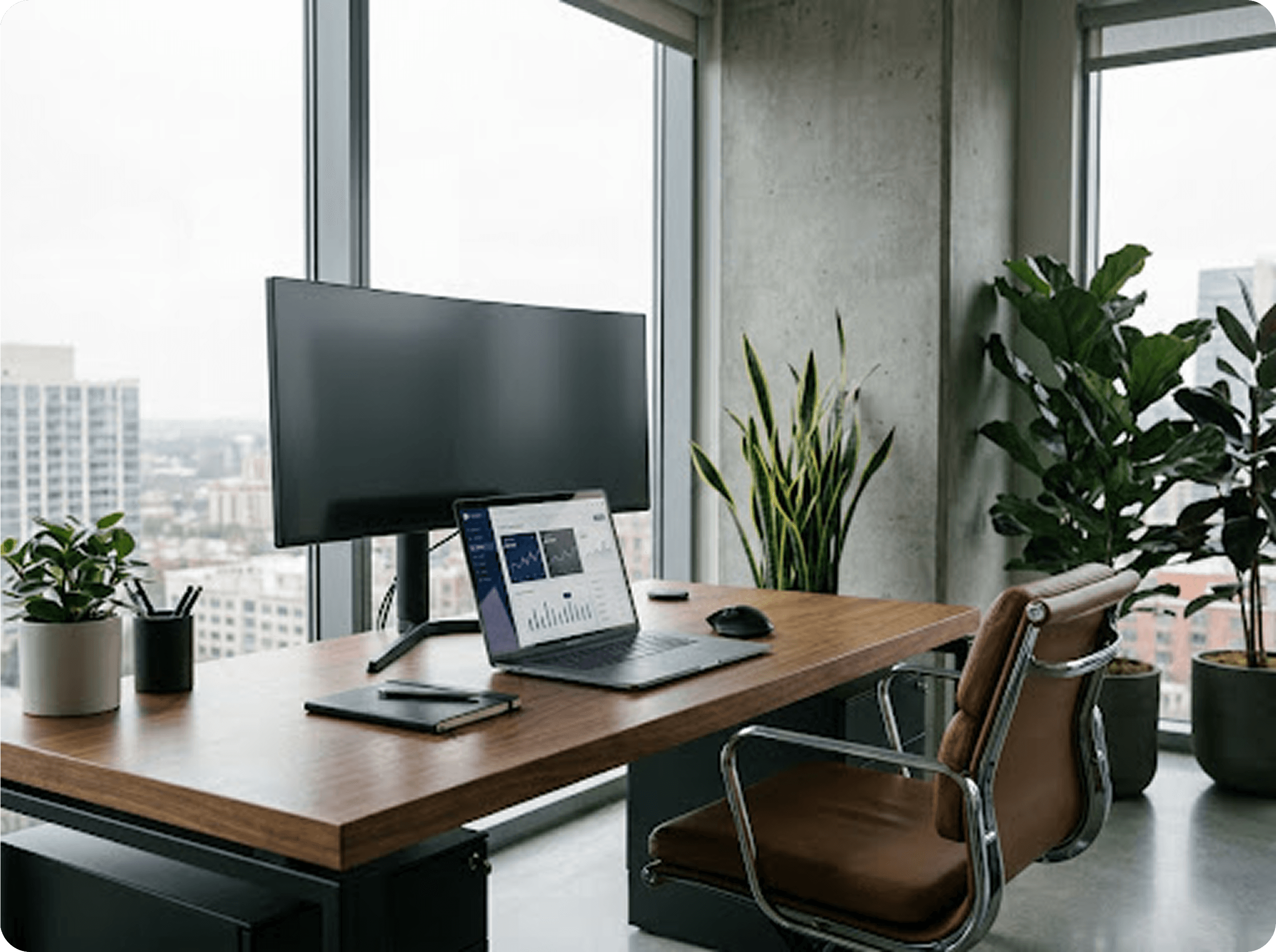 Modern office desk with financial reports on a laptop